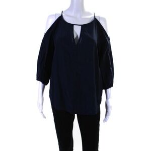 Trina Turk Keyhole Cold Shoulder Bishop Sleeve Blouse Navy Size M 100% silk